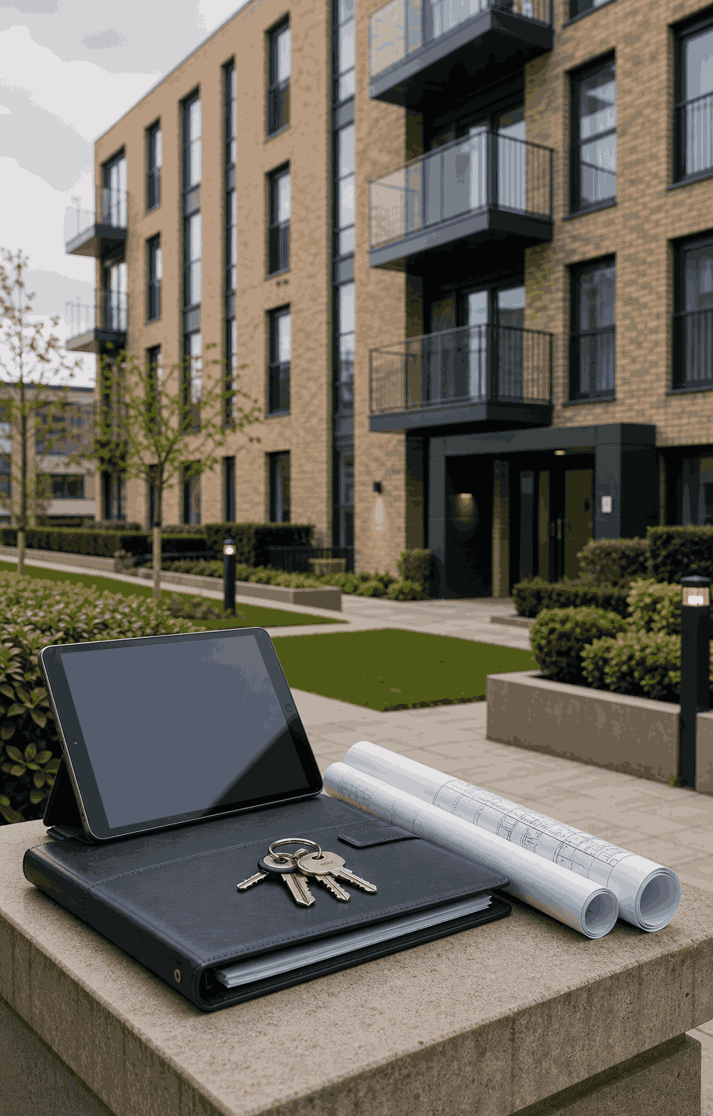Tablet, keys, and floor plans set out in front of a managed block of flats